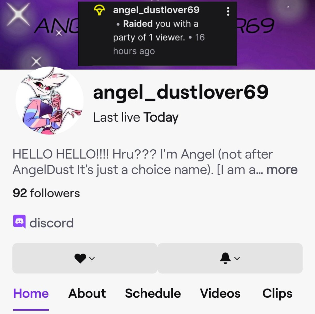 When I streamed yesterday I got a surprise raid from angel, thank you for raiding me so much appreciated 👍 you freaking beautiful human being 🤗 thank you for choosing me ❣️

THANK YOU ❤️

Please go and follow; 

Twitch.com/angel_dustlove…