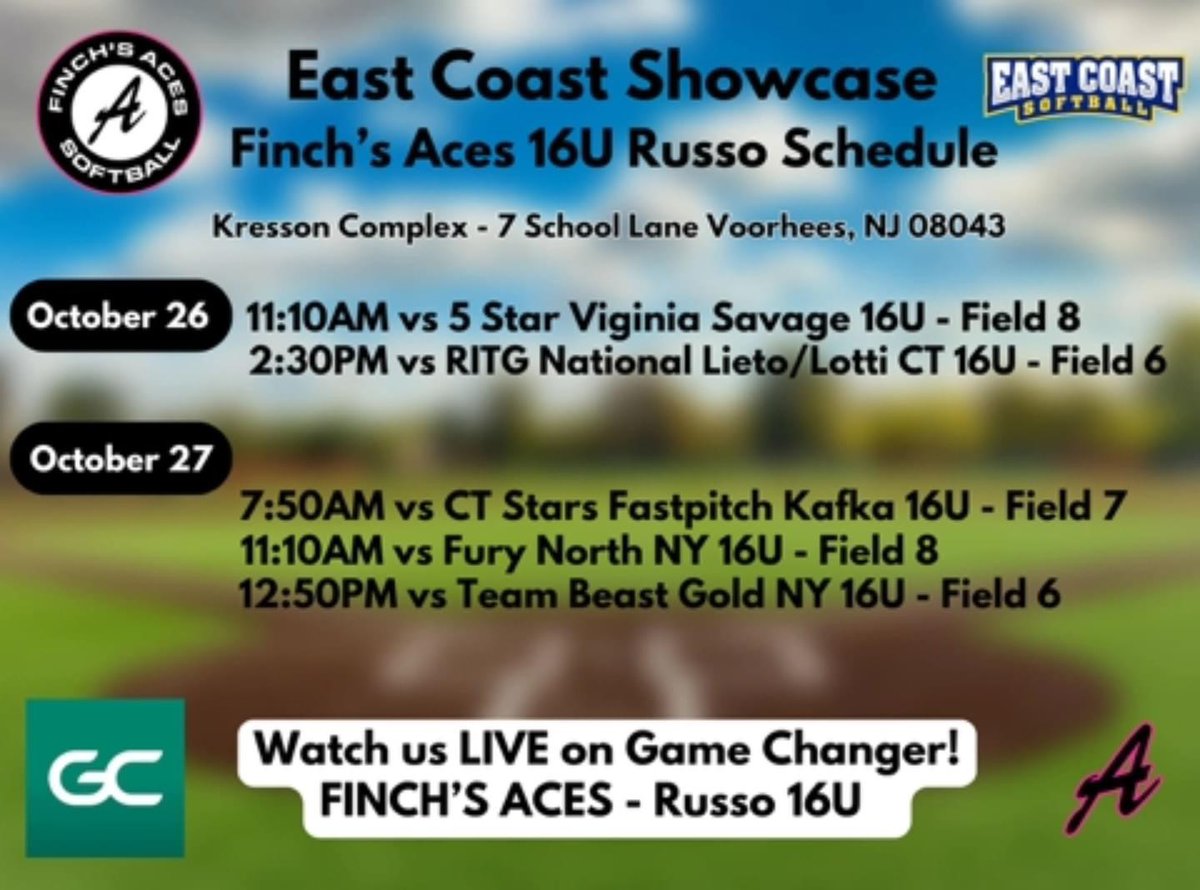 Sage Canavan (@sagecanavan2027) on Twitter photo The schedule is out for this weekend's East Coast Showcase 2024. Come check out our team.
<a href="/eastcoast_sb/">East Coast Softball</a> <a href="/DiamondNationNJ/">Diamond Nation</a> <a href="/FinchsAcesNJ/">Finch's Aces NJ</a>
<a href="/ExtraInningSB/">EXTRA INNING SOFTBALL</a> <a href="/ALLNJSoftball/">NJ softball</a> <a href="/SBRRetweets/">Softball Recruiting Reposts</a>
<a href="/CoastRecruits/">Coast 2 Coast Recruits</a> <a href="/SoftballRecruit/">Softball Recruit 🥎</a> The schedule is out for this weekend's East Coast Showcase 2024. Come check out our team.
<a href="/eastcoast_sb/">East Coast Softball</a> <a href="/DiamondNationNJ/">Diamond Nation</a> <a href="/FinchsAcesNJ/">Finch's Aces NJ</a>
<a href="/ExtraInningSB/">EXTRA INNING SOFTBALL</a> <a href="/ALLNJSoftball/">NJ softball</a> <a href="/SBRRetweets/">Softball Recruiting Reposts</a>
<a href="/CoastRecruits/">Coast 2 Coast Recruits</a> <a href="/SoftballRecruit/">Softball Recruit 🥎</a>