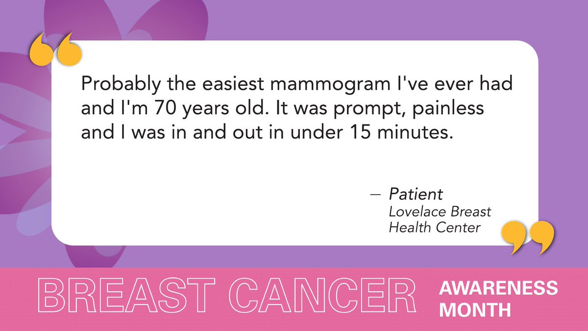 Lovelace Breast Health Centers want to make your mammogram experience as comfortable and swift as possible. Visit one of our two locations for a walk-in screening or schedule an appointment online at ow.ly/FA7Z50TQkXo. #BreastCancerAwareness