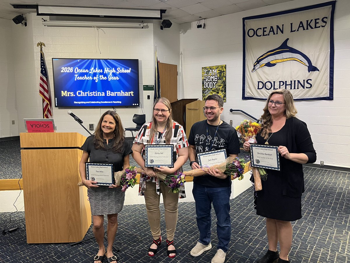 OceanLakesHS's tweet photo. Congratulations to our 2026 Teacher of the Year, Mrs. Christina Barnhart - and to our 2026 Distinguished Educators, Mr. Jack Bayliss, Ms. Shirley Hall, and Ms. Fara Wiles! #OneTeamOneDream 🐬💛💙🌟 https://t.co/Wb3Pm7jlqH