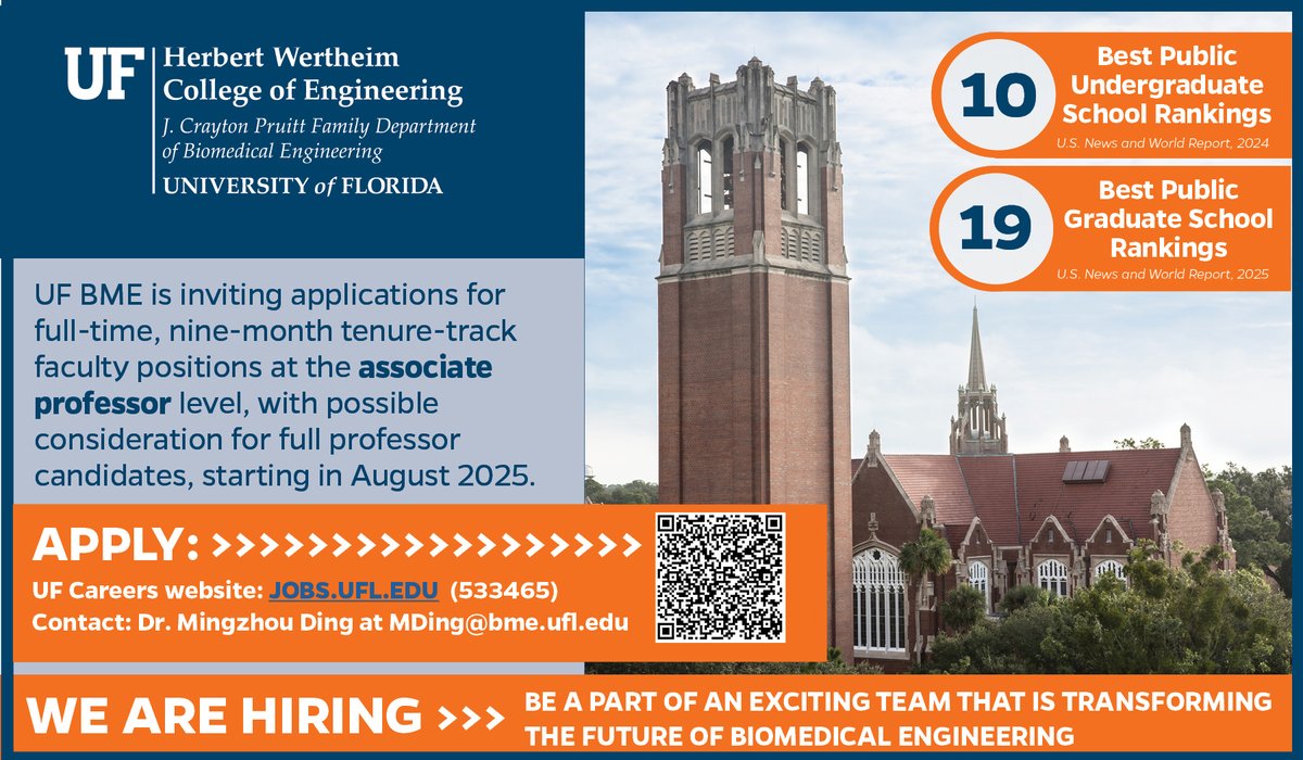 UF BME (@ufbme) on Twitter photo UF BME is HIRING! Join a vibrant team that's shaping the future of biomedical engineering! We're seeking innovative faculty (tenure-track) at the associate professor level. Start August 2025! Questions? ➡️<a href="/CuriousMZD/">Mingzhou Ding</a> explore.jobs.ufl.edu/en-us/job/5334… UF BME is HIRING! Join a vibrant team that's shaping the future of biomedical engineering! We're seeking innovative faculty (tenure-track) at the associate professor level. Start August 2025! Questions? ➡️<a href="/CuriousMZD/">Mingzhou Ding</a> explore.jobs.ufl.edu/en-us/job/5334…