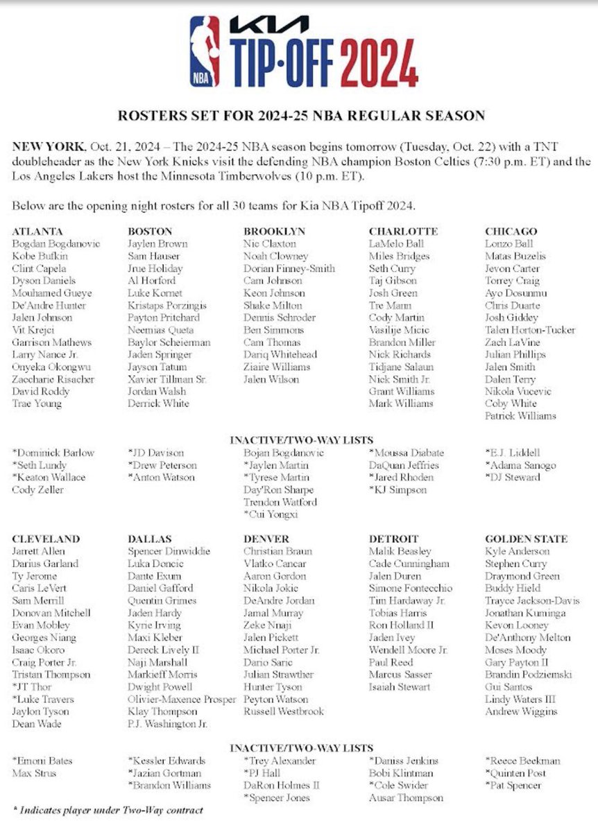 TheSteinLine's tweet photo. Complete NBA Opening Night rosters via three separate pictures:

More NBA from me: https://t.co/A6ycVmnrjq https://t.co/p81n3bWgz7