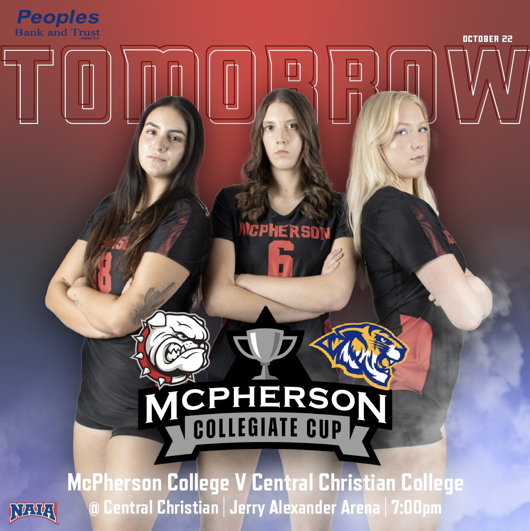 Mark it in your schedule to attend TOMORROWS McPherson Collegiate Cup match! 
People’s Bank and Trust brings you this cross town volleyball game 🏐‼️🐾

Let’s get a good crowd in the Jerry Alexander Arena full of BULLDOG fans!