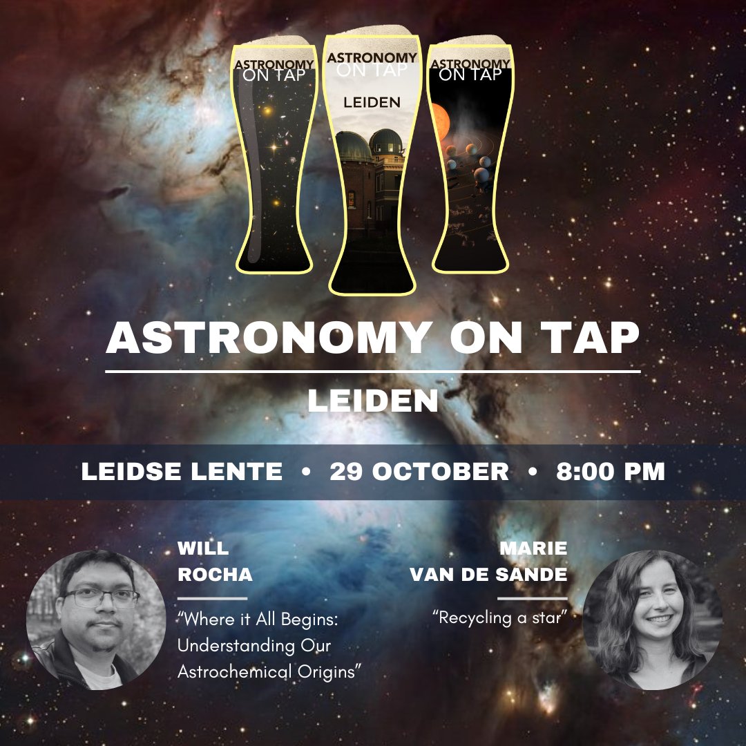 Join us on Tuesday, October 29th at Galerie Café Leidse Lente at 20:00 CET for our next event, a night of astronomy with two intriguing talks by Will Rocha and Marie van de Sande about molecules in the universe, because in the end... We are all made of stardust!

#AoTLeiden