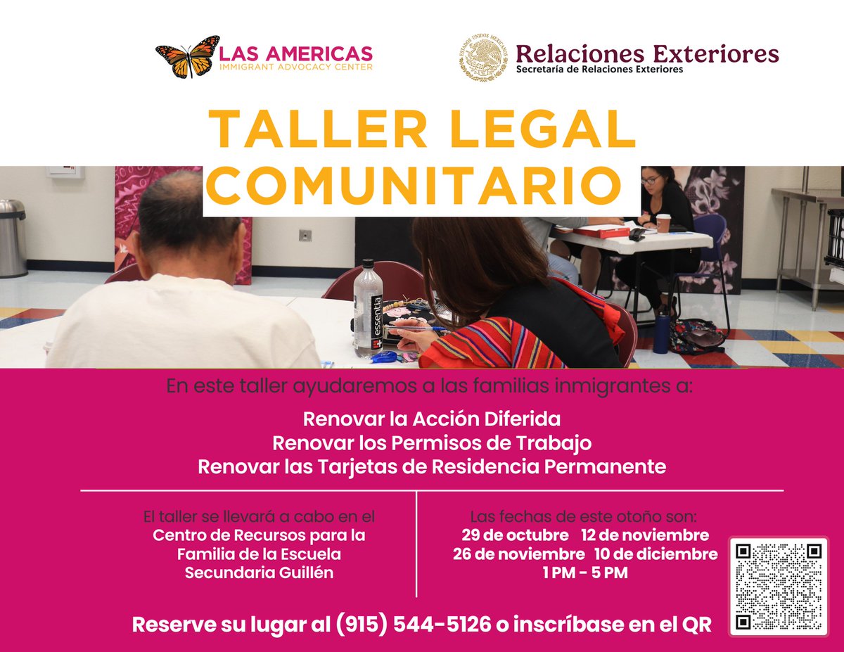 Consulado General de México en El Paso (@consulmexelpaso) on Twitter photo Aprovecha el #TallerLegalComunitario, donde <a href="/LasAmericasIAC/">Las Americas Immigrant Advocacy Center</a> ayudará a renovar:
âś… #AcciĂłnDiferida (#DACA)
âś… #PermisosDeTrabajo
âś… Tarjetas de #ResidenciaPermanente
¡Reserva tu lugar hoy! 📞 Llama al (915) 544-5126 o inscrĂbete escaneando el cĂłdigo QR
#ProtecciónConsular #PALE Aprovecha el #TallerLegalComunitario, donde <a href="/LasAmericasIAC/">Las Americas Immigrant Advocacy Center</a> ayudará a renovar:
âś… #AcciĂłnDiferida (#DACA)
âś… #PermisosDeTrabajo
âś… Tarjetas de #ResidenciaPermanente
¡Reserva tu lugar hoy! 📞 Llama al (915) 544-5126 o inscrĂbete escaneando el cĂłdigo QR
#ProtecciĂłnConsular #PALE