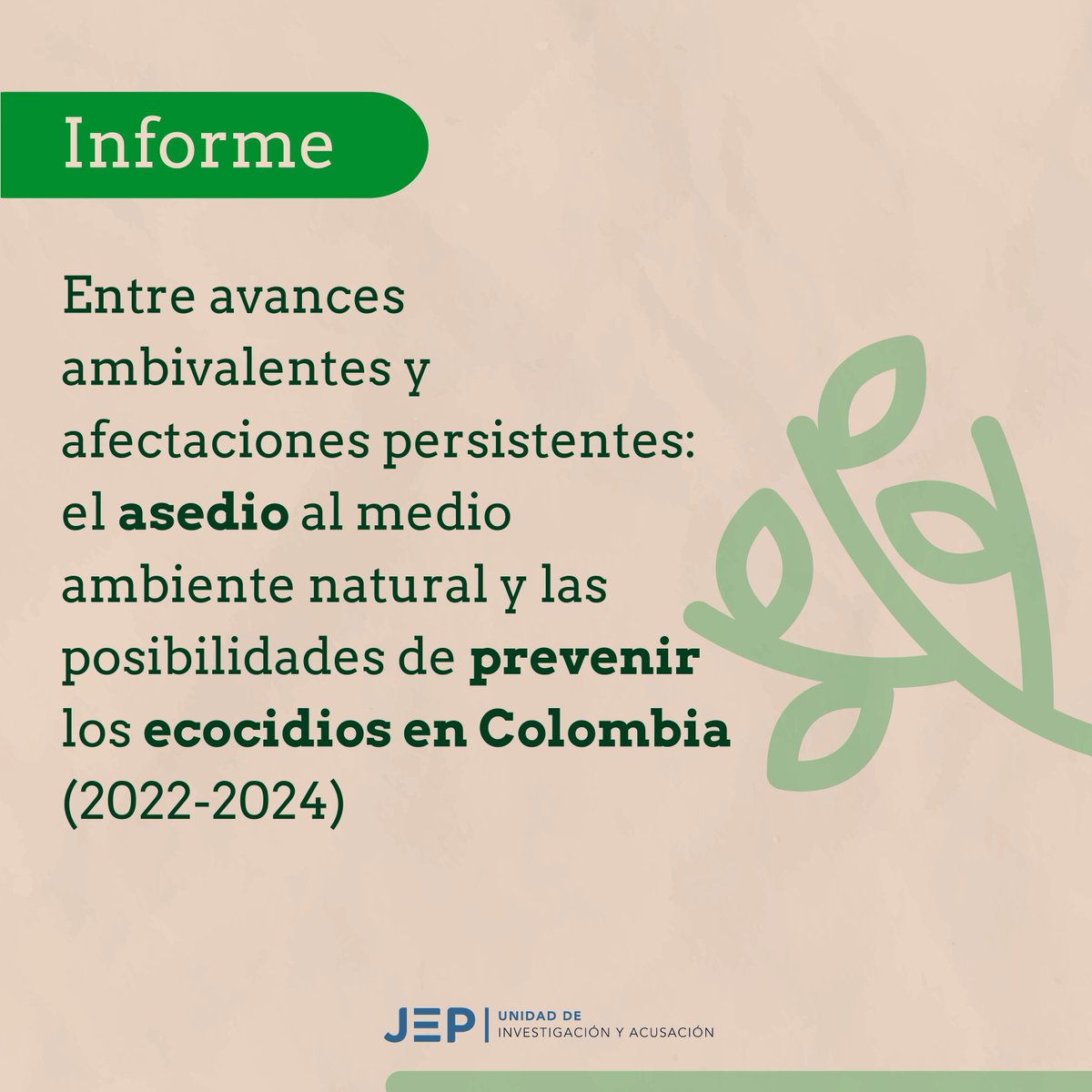 UIA_JEP's tweet photo. #InformeUIA | En aras de contribuir a la garantía de los derechos de todos los ríos, bosques, páramos, montañas, lagunas y sierras que fueron declarados víctimas por la JEP, y de esa forma impulsar una mirada integral de la prevención, la #UIA_JEP comparte el informe "Entre avances ambivalentes y afectaciones persistentes: el asedio al medio ambiente natural y las posibilidades de prevenir los ecocidios en Colombia (2022-2024)".

Este documento, que pueden consultar en el siguiente enlace ➡️ https://t.co/0ErOgADztR, resume y analiza los hechos de afectación y de destrucción del medio ambiente que se han registrado en las zonas que tienen una biodiversidad significativa.

Les compartimos 4 datos claves del informe. Sigan el 🧵 para conocer los detalles.