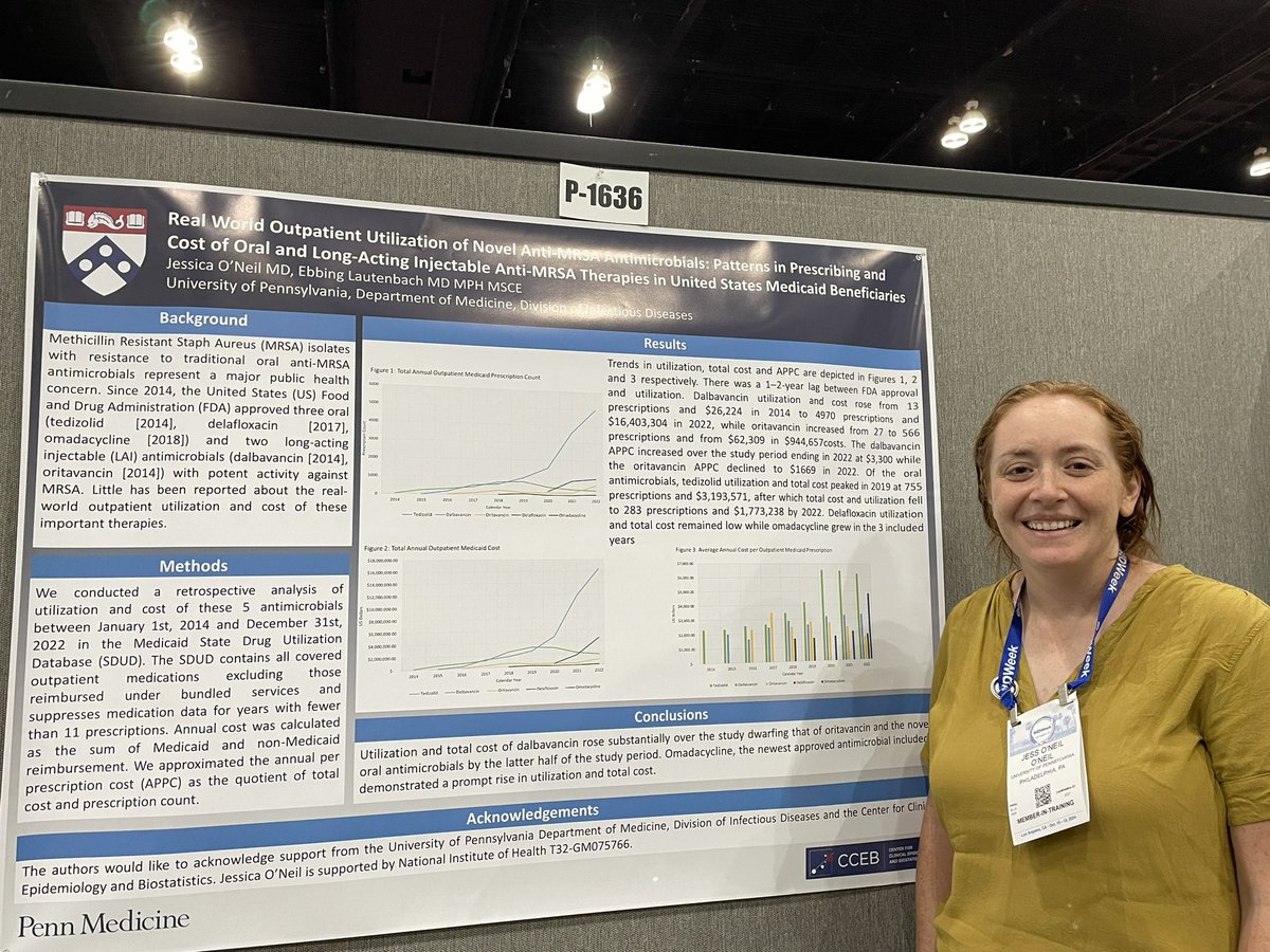 #IDweek2024 - Dr. Jess O’Neil presented on “Real World Outpatient Utilization of Novel Anti-MRSA Antimicrobials: Patterns in Prescribing and Cost of Oral and Long-Acting Injectable Anti-MRSA Therapies in United States Medicaid Beneficiaries.”