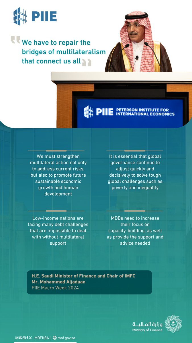 MOFKSA's tweet image. Key points mentioned by H.E. the #Saudi Minister of Finance and Chair of the #IMFC, Mr. Mohammed Aljadaan @MAAljadaan, during his speech at @PIIE Macro Week 2024 on the sidelines of 2024 IMF-WBG Annual Meetings.
#MacroWeek2024 @IMFnews
🔗 Read More:
mof.gov.sa/en/mediacenter…