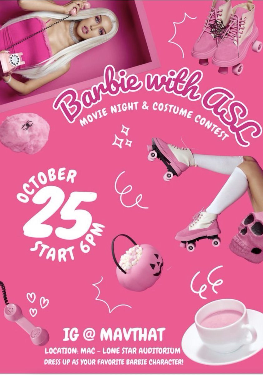 The original Barbie Movie with access to ASL!!

MavTHAT ASL Club is hosting Barbie in ASL: FREE
Oct. 25th @ 6 PM
Location: Mac – Lone State auditorium
Dress up as your favorite Barbie Character!
Featuring American Sign Language (ASL) interpretation.