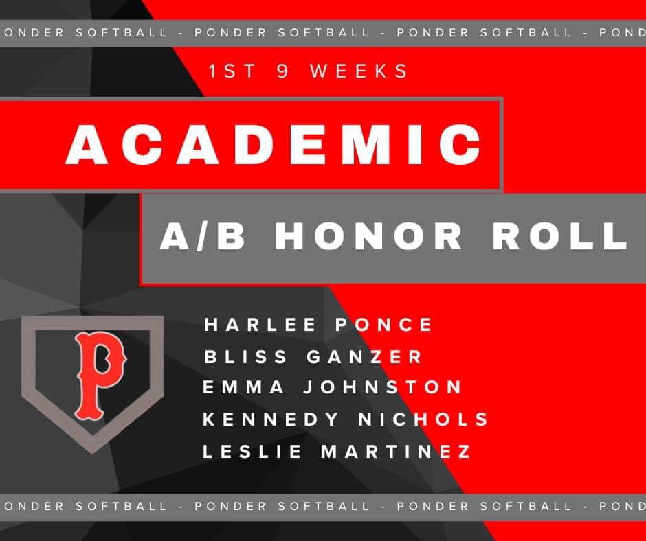 Huge Congrats to our girls on the A Honor Roll and the A/B Honor Roll. We are so proud of our Student/Athlete Softball Players for their hard work and dedication in classroom and on the field during the 1st 9 weeks!