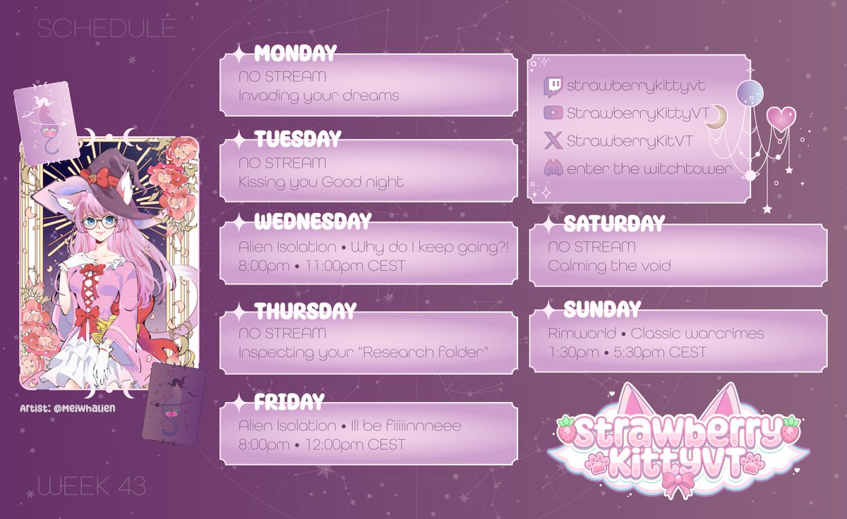 New Schedule! (21 oct. till 27 oct) 
I will admit, I am kinda hooked to Alien Isolation and so long as I don't get night-terrors we continue!  
We will once again preform warcrimes on Sunday after quite some time!  

Hope to see you then~