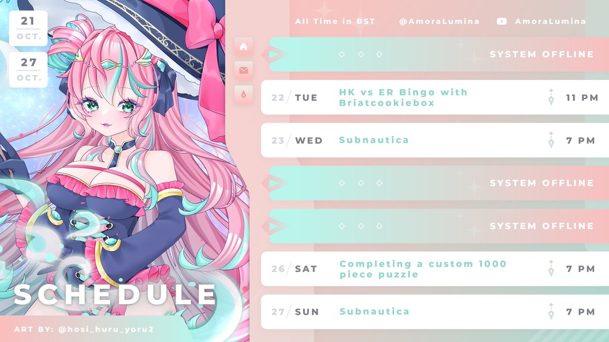 AmoraLumina's tweet photo. 💗OCT 21 - OCT 27💗 All times in BST

Here's this week's schedule... can you tell I'm enjoying Subnautica 👉👈

【TAGS】
OSHI MARK - 🚀💗
LIVE - #AmoraLive
GENERAL - #AmoraLumina
CLIPS - #AmoraClips
ART - #LuminArti
MEMES - #LumiLaughs
FAN NAME - Luminauts https://t.co/kVpIO552V2