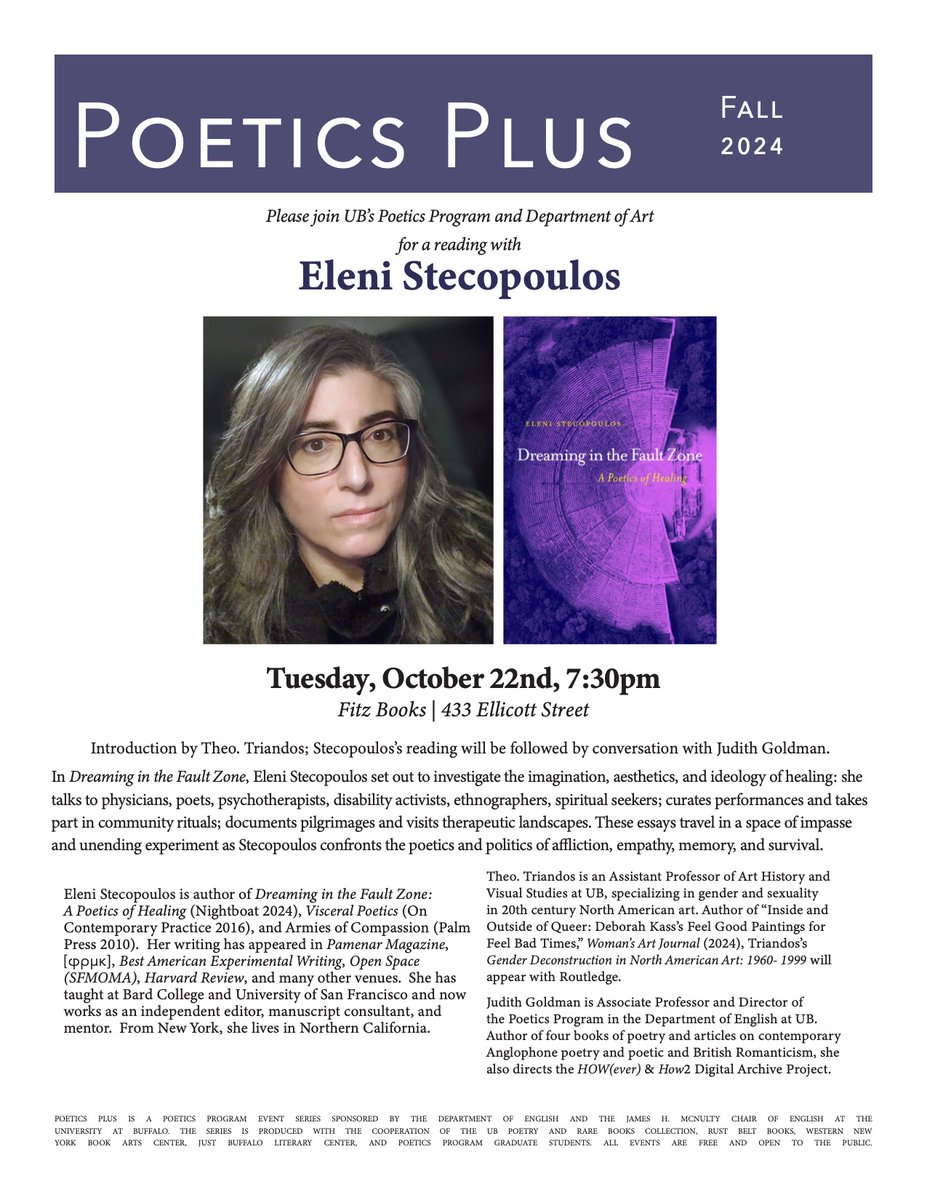 Poetics Plus **TOMORROW** Tuesday, October 22, 7:30 pm at Fitz Books.
Please join the #UBuffalo Poetics Program and Department of Art for a reading with Eleni Stecopoulos.