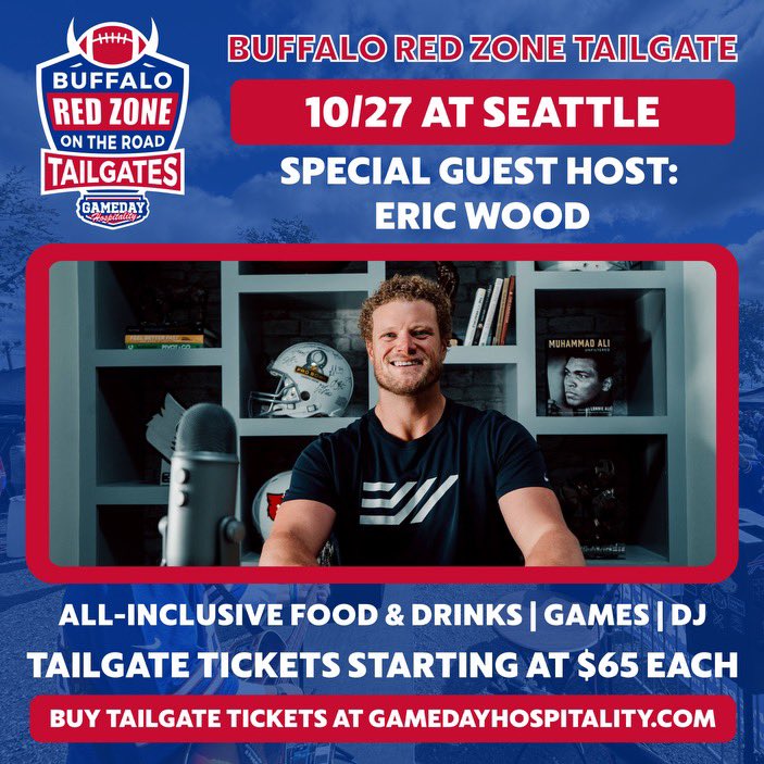 buffalofoodslut's tweet photo. Special guest host @EWood70 joins us in Seattle  for @GamedayBuffalo all inclusive tailgate! Grab tickets today !!! Dm me with any questions. 

#gobills #billsmafia #buffalobills #ericwood #gobills https://t.co/8Voi2nZNFh