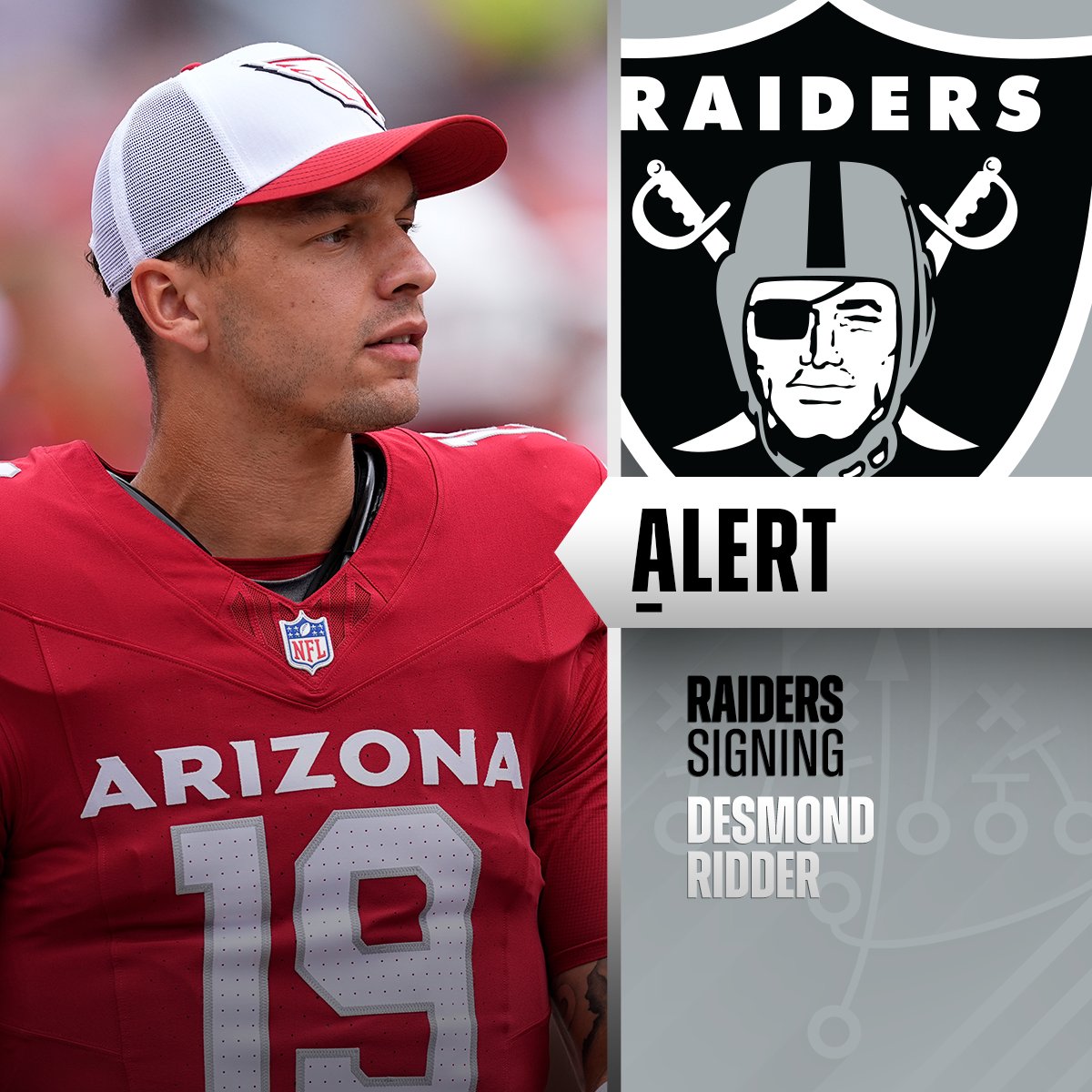 NFL's tweet image. Raiders signing QB Desmond Ridder off Arizona's practice squad. (via @TomPelissero)