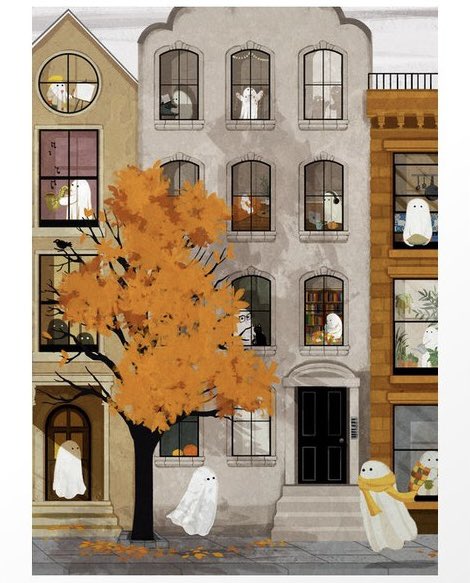 Ghost Town giving me serious #OnlyMurdersintheBuilding vibes! #Halloween #Ghost #illustration by #katherineblower. Witnessed here bit.ly/townghost #society6