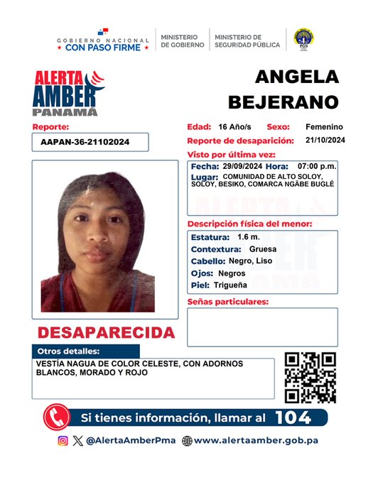 🔴 Cumpliendo con los parámetros establecidos en la Ley 230 de 24 de junio de 2021, se procede a la activación de la <a href="/AlertaAmberPma/">Alerta Amber Pmá</a> por la joven ÁNGELA BEJERANO, y en consecuencia se solicita la colaboración de la ciudadanía. #LlamaAl104