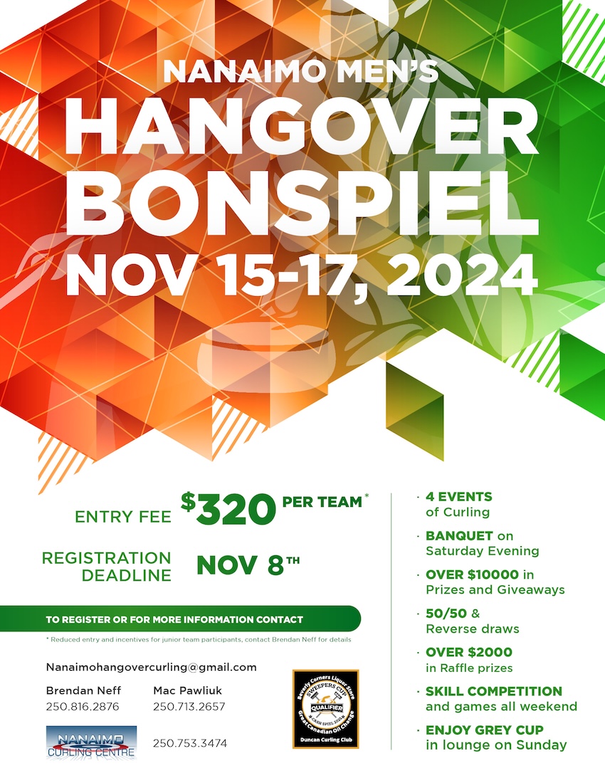 Nanaimo Men's Hangover Bonspiel Nov. 15-17th.  See poster for details.