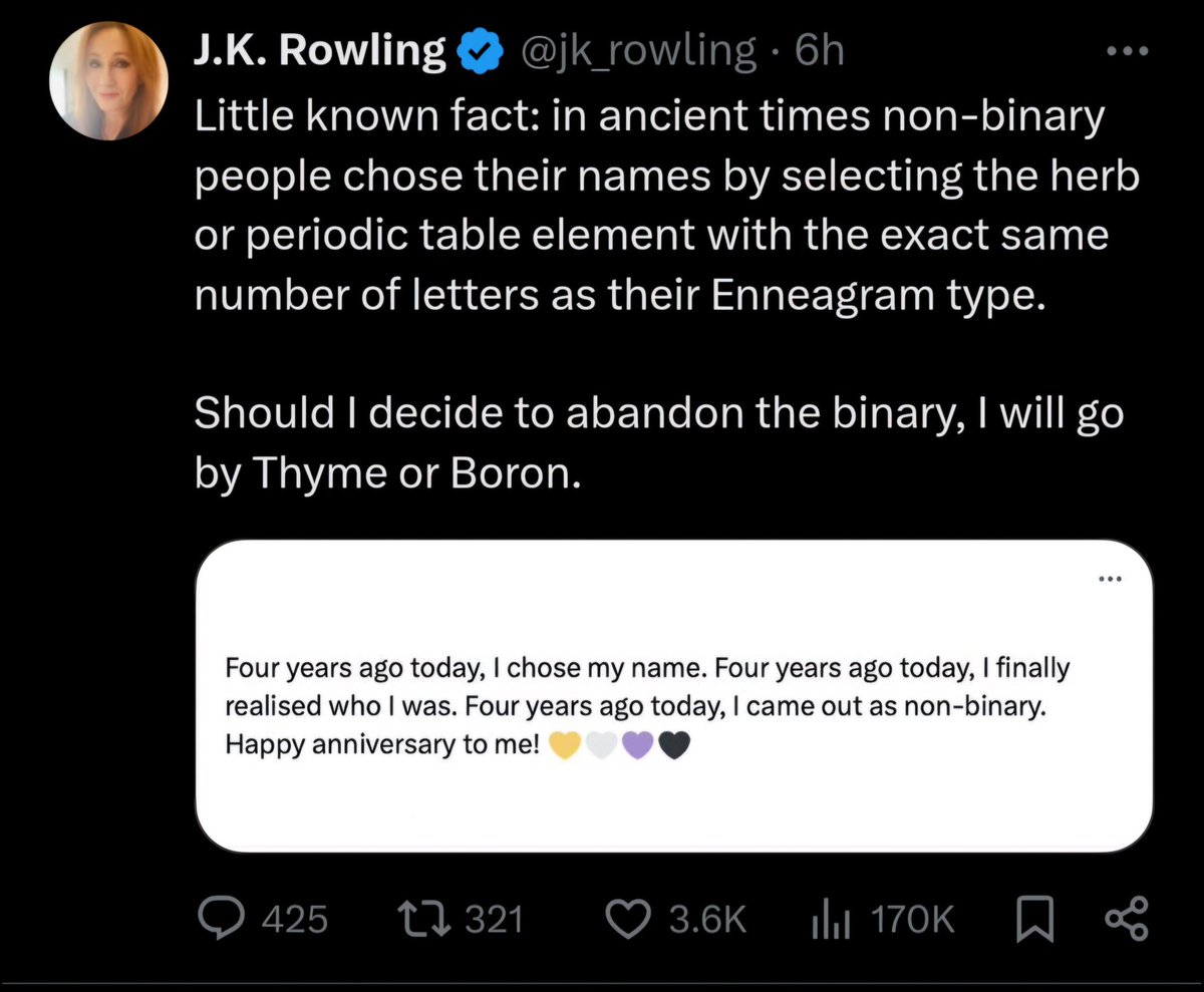 I know that "Gosh, maybe JK Rowling's relentless harassment of trans people is due to being a sadistic bigot rather than women's rights" is not exactly a theory that really needs more evidence, but goodness she is doing a good impression of simply bullying someone for existing...