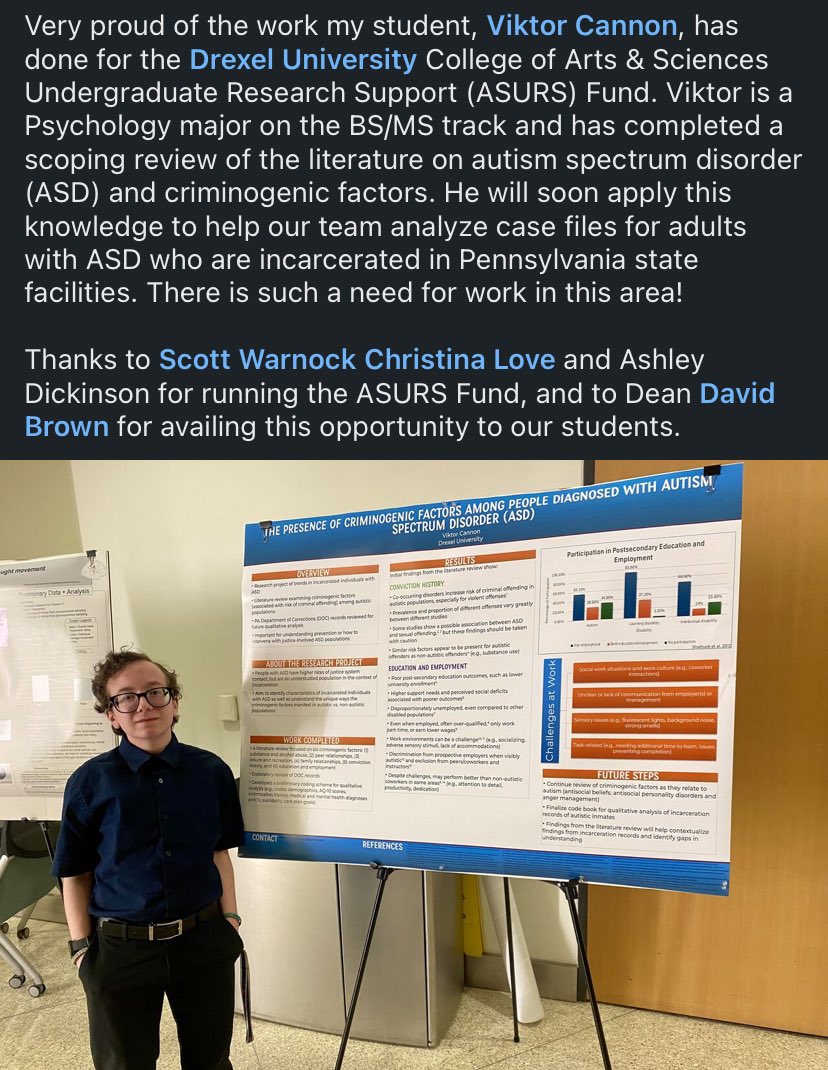 Clare Strange (@c_clare_strange) on Twitter photo Just bragging on my student!!
#undergraduateresearch
#autism
#criminaljustice
<a href="/DrexelUniv/">Drexel University</a> Just bragging on my student!!
#undergraduateresearch
#autism
#criminaljustice
<a href="/DrexelUniv/">Drexel University</a>