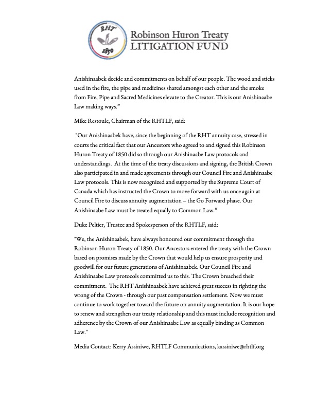 RHTLF Communications Update

October 21, 2024

Manitoulin Island (Mnidoo Mnissing) – The Chiefs and Trustees of the Robinson Huron Treaty Litigation Fund (RHTLF) met for two days on October 16 and 17, 2024, to formulate a plan for the implementation of the Treaty Augmentation