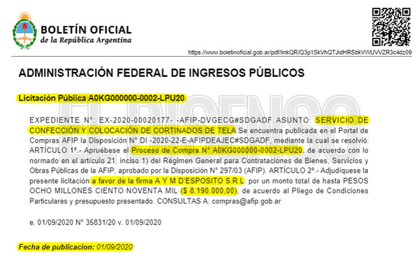 ElDisenso's tweet photo. ▶️La adjudicataria fue A Y M D’ESPOSITO, única oferta confirmada, que cotizó $5.850/m2 x la confección y colocación de: 700m2 de cortinas de Voile Dorado y 700m2 de cortinados pesados en tela Madrás Sedado.
⚠️La adjudicación por $ 8.190.000👋#ChauAFIP👋 https://t.co/X9I9YEIjHA