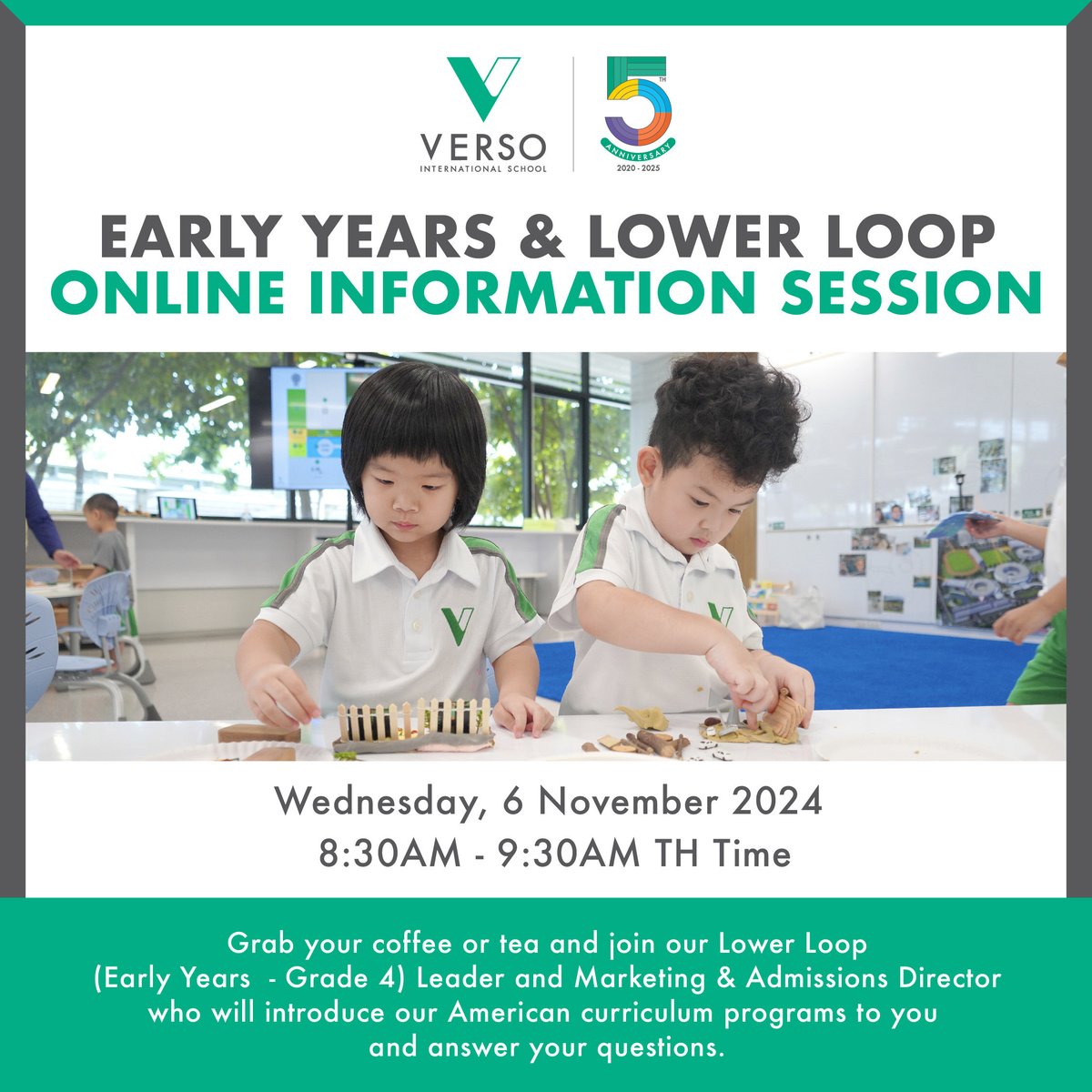 ONLINE INFORMATION SESSION: Join us to learn more about VERSO’s American curriculum and admissions procedure.

📆Wednesday, 6 November 2024
⏰8:30am- 9:30am TH time

👉Sign up at hubs.ly/Q02Vfqkk0

#versoschool #versoturns5