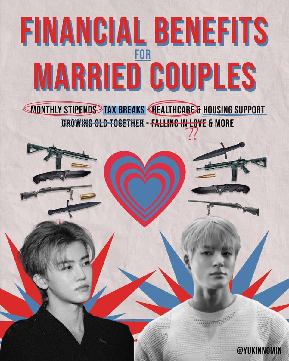 nomin mini au // détente

jeno and jaemin are mercenaries struggling financially. luckily, the government is offering financial aid for married couples. even better: if one partner dies, the other gets a big payout. now, they’re happily married -and going for each other’s throats