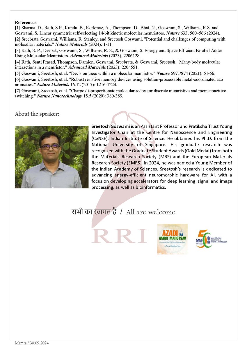 Raman Research Institute (@rri_bangalore) on Twitter photo The upcoming Thursday Colloquium will be delivered by Dr. Sreetosh Goswami <a href="/CeNSEatIISc/">CeNSEatIISc</a> , <a href="/iiscbangalore/">IISc Bangalore</a>
🗓️ Thursday, October 24 at 3.30pm
<a href="/PMOIndia/">PMO India</a> <a href="/PrinSciAdvGoI/">Principal Scientific Adviser, Govt. of India</a> <a href="/IndiaDST/">DSTIndia</a> <a href="/DrJitendraSingh/">Dr Jitendra Singh</a> <a href="/karandi65/">Abhay Karandikar</a> <a href="/TarunSouradeep/">Tarun Souradeep</a> <a href="/RanjiniRRI/">Ranjini Bandyopadhyay</a> <a href="/SinhaUrbasi/">Urbasi Sinha</a> The upcoming Thursday Colloquium will be delivered by Dr. Sreetosh Goswami <a href="/CeNSEatIISc/">CeNSEatIISc</a> , <a href="/iiscbangalore/">IISc Bangalore</a>
🗓️ Thursday, October 24 at 3.30pm
<a href="/PMOIndia/">PMO India</a> <a href="/PrinSciAdvGoI/">Principal Scientific Adviser, Govt. of India</a> <a href="/IndiaDST/">DSTIndia</a> <a href="/DrJitendraSingh/">Dr Jitendra Singh</a> <a href="/karandi65/">Abhay Karandikar</a> <a href="/TarunSouradeep/">Tarun Souradeep</a> <a href="/RanjiniRRI/">Ranjini Bandyopadhyay</a> <a href="/SinhaUrbasi/">Urbasi Sinha</a>