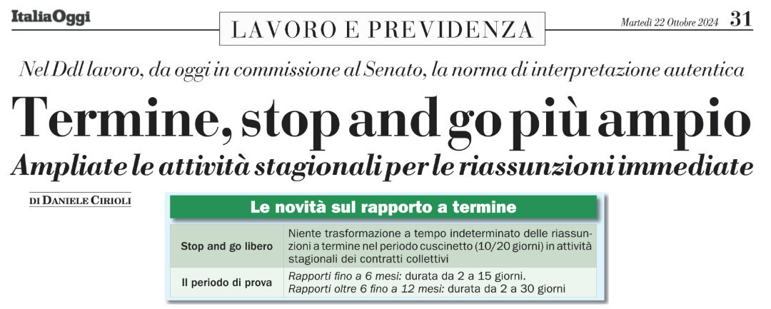 dcirioli's tweet image. Salvagente in arrivo sulla successione dei rapporti a termine privi dei periodi cuscinetto (il c.d. stop and go). A stabilirlo è l’art. 11 del ddl lavoro, da oggi in commissione lavoro al senato. Su #ItaliaOggi (22-10-2024)
#termine #stopandgo #stagionali #prova #danielecirioli