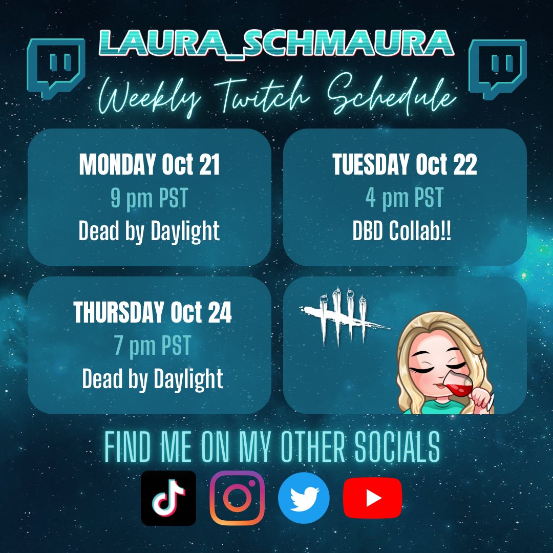 Schedule for this week dropped! Late stream tonight. Early collab tomorrow with <a href="/Blaakerz24/">Blaakerz</a> <a href="/CyberXombie/">Cyber Xombie 🪦🥀🖤 | Twitch Streamer 18+</a> &amp; Mandyxci. Thursday happening at a whole different time. Hopefully will smooth out my starting times in the coming weeks!