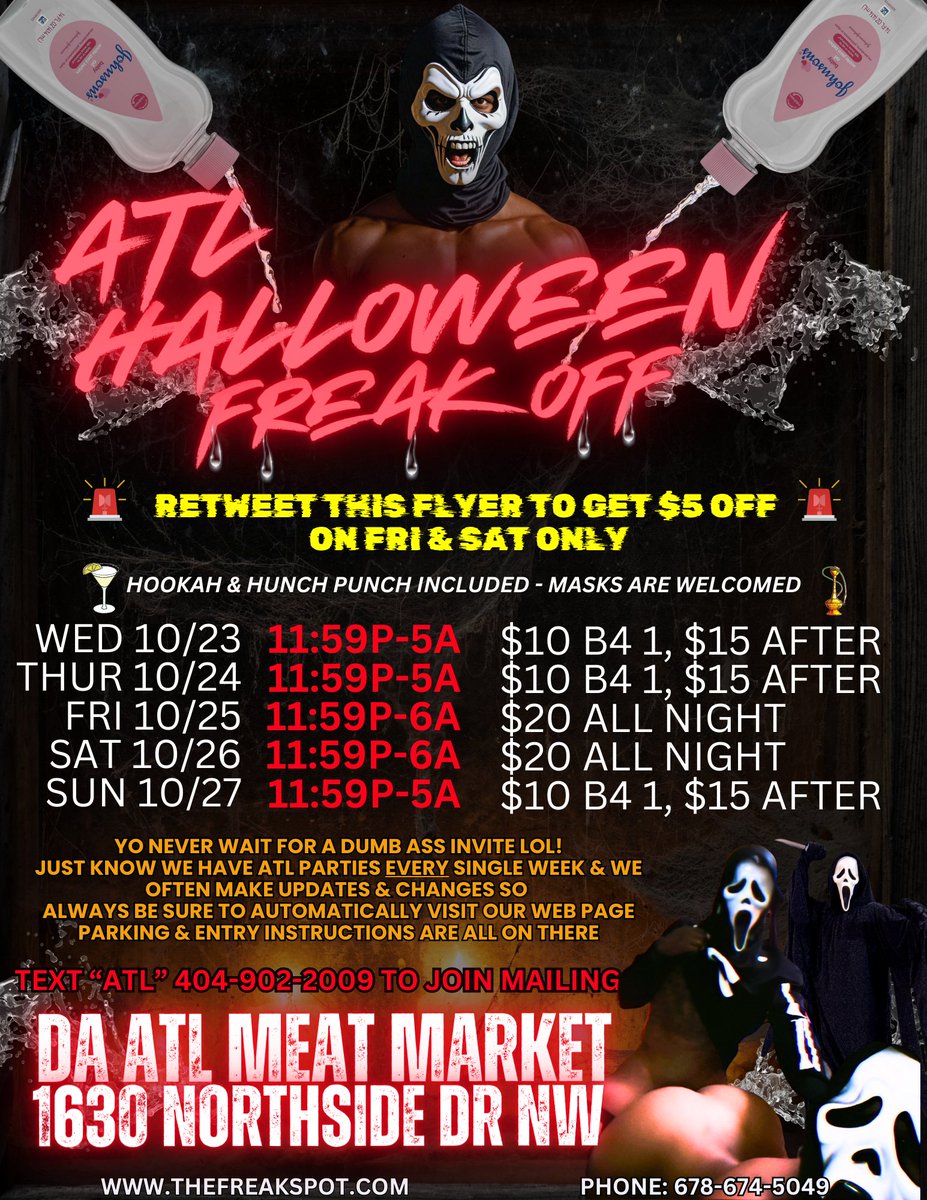 📣This week <a href="/AtlMeatmarket/">ATL MEAT MARkET</a>.  Retweet for $5 off of FRI &amp; SAT night!🔁All info on thefreakspot.com.  Also (optional) to join our text mailing list, text "ATL" to 404-902-2009.  Also (optional), you can join our ATL FREAK GROUP APP for real times updates.