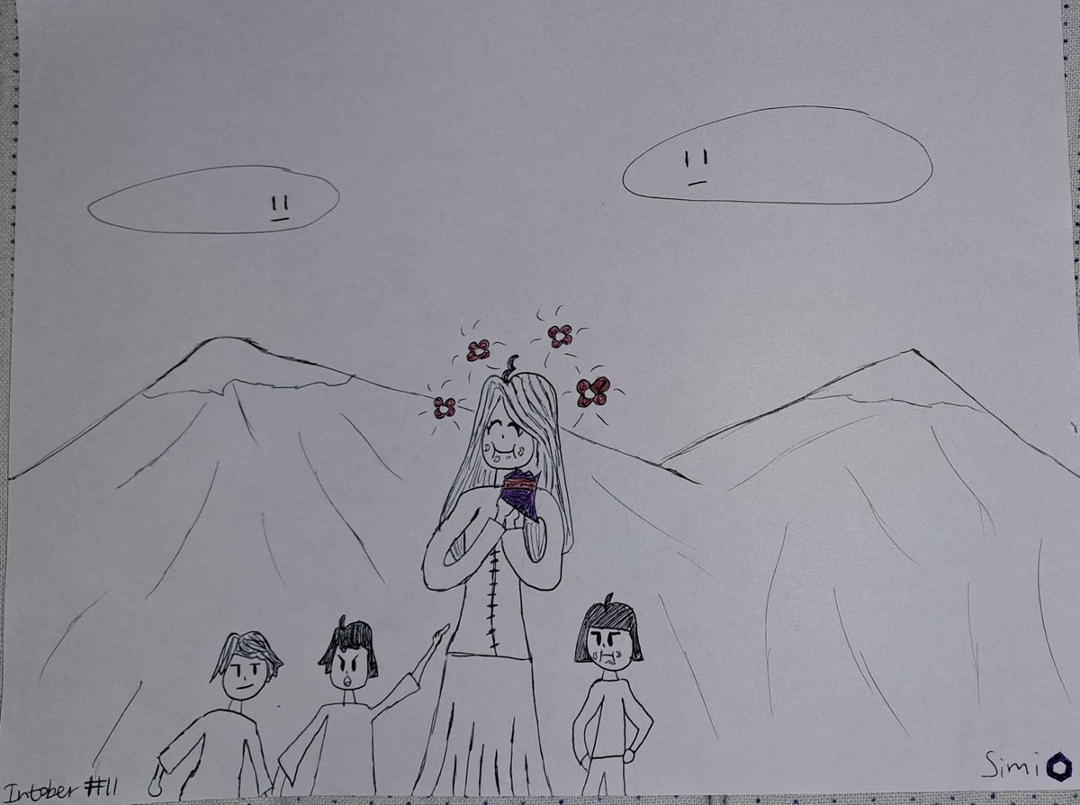Day 11 of #inktober #inktober2024 
Snacks
I don't know who this flower woman is or why she made these three hobbit children mad by eating chips but Ill ask Shunnash about it (Shunnash is my sister and the artist)