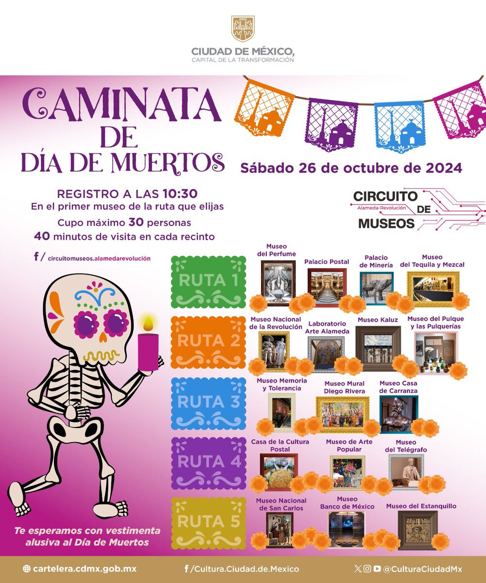 CorreosdeMexico's tweet photo. ¡Prepara tu mejor disfraz y únete a la Caminata de #DíaDeMuertos del #CircuitoDeMuseos!🎭
📅 Fecha: Sábado 26 de octubre
🕥 Hora: 10:30 hrs.
 📍 Lugar: Primer museo de la Ruta 1
Te esperamos en #PalacioPostal
Cupo máximo: 30 personas
Entrada: #Gratuita
#CorreosDeMéxicoEsTradición https://t.co/xxN9HdtuN4