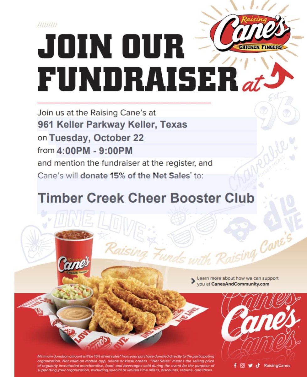 Support TCHS Cheer and eat at Cane’s tomorrow!