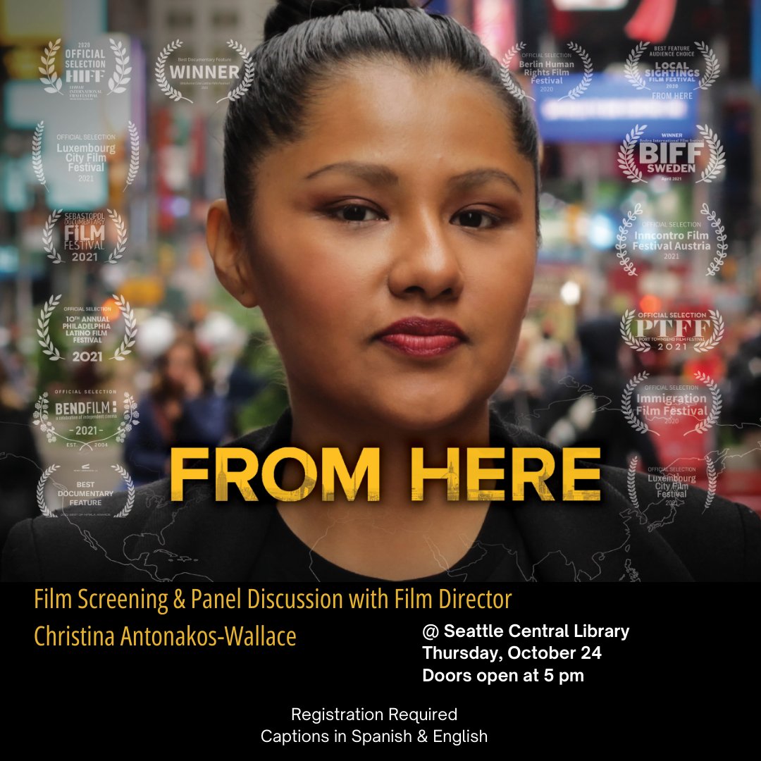 City of Seattle ITD (@seattleitdept) on Twitter photo 🌟 Don't miss "From Here" at Seattle Central Library @splbuzz this Thurs, Oct 24! Join us for a powerful film & panel discussion on immigrant experiences. 📅 Doors open at 5 p.m. 🎥Film starts at 5:30 p.m.
🔗 Register here 👉 forms.office.com/Pages/Response…
#FromHereFilm #SeattleEvents 🌟 Don't miss "From Here" at Seattle Central Library @splbuzz this Thurs, Oct 24! Join us for a powerful film & panel discussion on immigrant experiences. 📅 Doors open at 5 p.m. 🎥Film starts at 5:30 p.m.
🔗 Register here 👉 forms.office.com/Pages/Response…
#FromHereFilm #SeattleEvents
