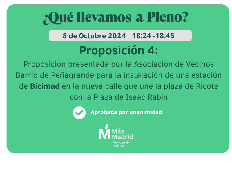 MasfuencarralE's tweet photo. Presentada por la @AVPEGrande para la instalación de una estación de @bicimad 
✅Aprobada por unanimidad
https://t.co/UswWNuum1k https://t.co/xQZc5b7SFe