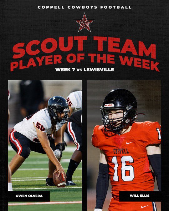 Congratulations to our players of the week vs. Lewisville 

Offense - <a href="/Edward14Griffin/">Edward Griffin</a> 
Defense - <a href="/the_real_garvey/">Garvey Frederic</a> 
Special Teams - Caiden Baldwin

Scout team - Owen Olvera and Will Ellis

#CFND #DeepWater