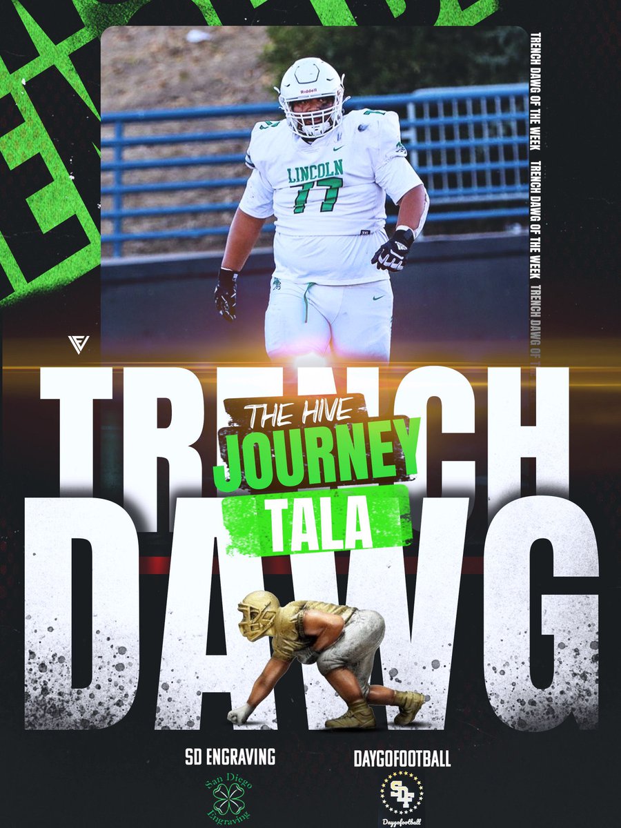 San Diego Football (@daygofootball) on Twitter photo We present the Trench Dawg Offensive Lineman of the week Award Presented by <a href="/SDEngraving/">San Diego Engraving</a> . Our Week 9 winner is Journey Tala from the Lincoln Hornets he was serving up some Pancakes 🥞 in a Hornet victory over Cathedral Catholic. We present the Trench Dawg Offensive Lineman of the week Award Presented by <a href="/SDEngraving/">San Diego Engraving</a> . Our Week 9 winner is Journey Tala from the Lincoln Hornets he was serving up some Pancakes 🥞 in a Hornet victory over Cathedral Catholic.