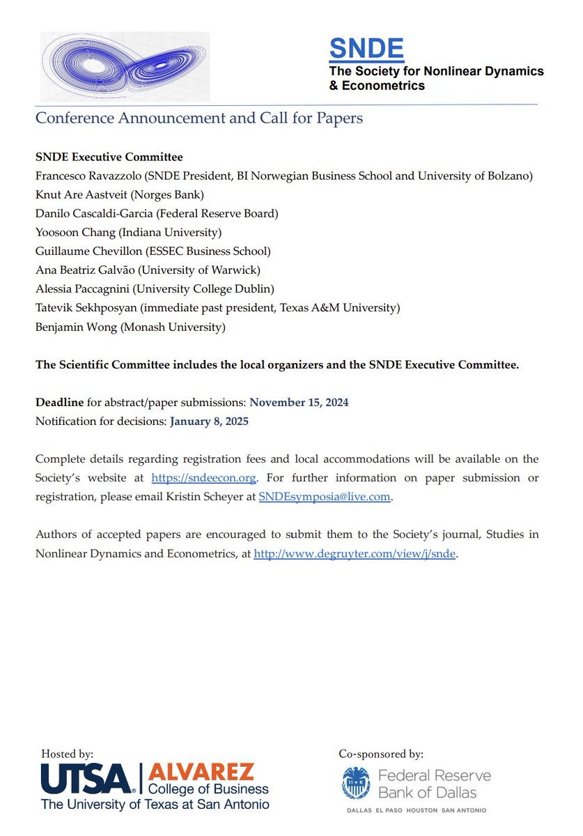 Society for Nonlinear Dynamics and Econometrics (@snde_econ) on Twitter photo 😎Submit your papers to the 32nd Symposium of the Society for Nonlinear Dynamics & Econometrics, March 21-22, 2025, at University of Texas at San Antonio
Deadline: November 15
#EconTwitter #Econometrics 😎Submit your papers to the 32nd Symposium of the Society for Nonlinear Dynamics & Econometrics, March 21-22, 2025, at University of Texas at San Antonio
Deadline: November 15
#EconTwitter #Econometrics