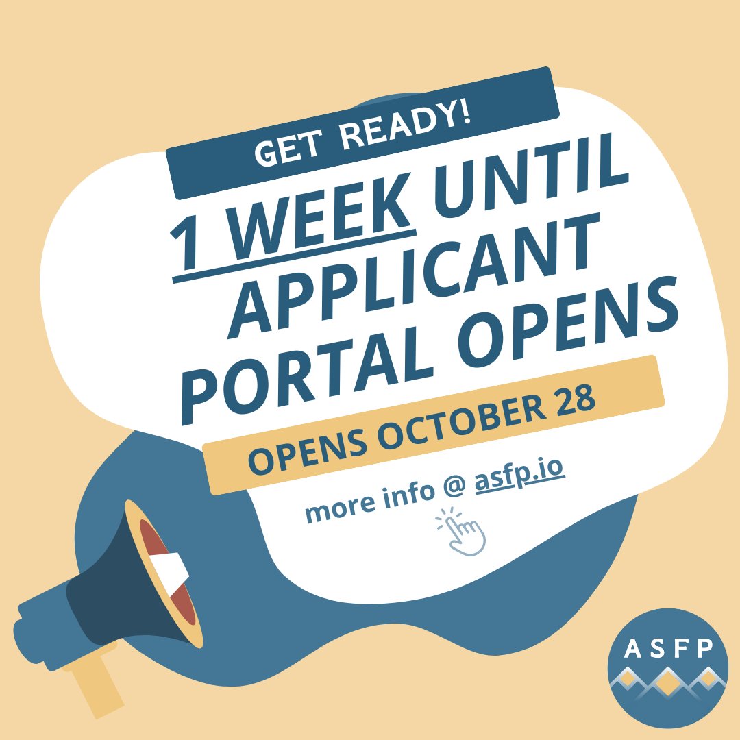 📢 CALLING ALL APPLICANTS! 📢

The ASFP applicant portal opens in 1 WEEK! 

Prepare your statements and learn more at asfp.io.