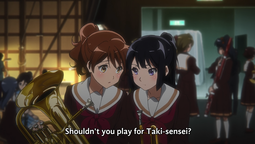 greatgrebe's tweet photo. a lesser yuri soldier might be scared off because reina's crush on their teacher comes up here. but a true veteran recognizes this is reina choosing WOMEN.

also kumiko's conspiratorial head-bump is extremely cute. https://t.co/31iZ7bWCNv