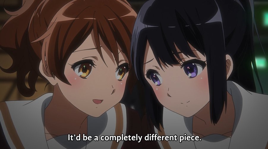 greatgrebe's tweet photo. a lesser yuri soldier might be scared off because reina's crush on their teacher comes up here. but a true veteran recognizes this is reina choosing WOMEN.

also kumiko's conspiratorial head-bump is extremely cute. https://t.co/31iZ7bWCNv