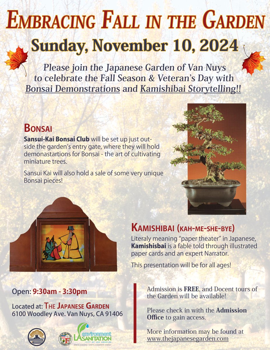 On 11/10, “Embrace Fall” in #TheJapaneseGarden as the leaves change color and the weather turns chilly!

<a href="/japangardenLA/">The Japanese Garden - Suiho En</a>  will have a special FREE #Sunday opening w #Bonsai demonstrations from Sansui-Kai Bonsai Club &amp; #Kamishibai from Michael Fritzen.

<a href="/CD6LosAngeles/">Councilmember Imelda Padilla</a> #紙芝居 #盆栽