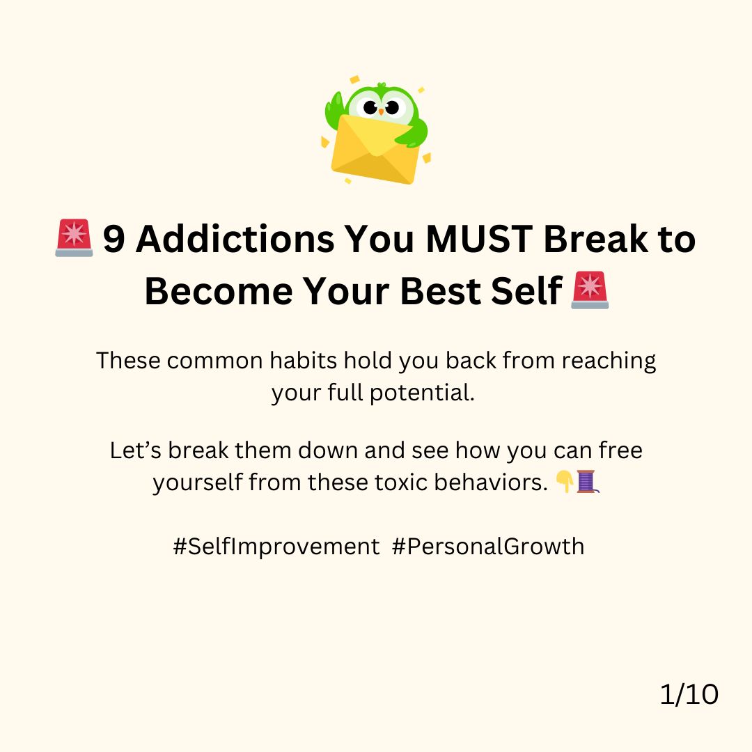 joinHabitholics's tweet photo. 🚨 9 Addictions You MUST Break to Become Your Best Self 🚨
These common habits hold you back from reaching your full potential.
Let’s break them down and see how you can free yourself from these toxic behaviors. 👇🧵
#procrastination #procrastinationtips #mentalhealth #adhd #selfhelp #selfhelpbooks #atomichabits #eatthatfrog #productivity #productivitytips #support #mindset #mindsetmatters #mindsetquotes #mindsetcoach #mindsetiseverything #healthyhabits #habitsofhealth #habitstacking #timemanagement #timemanagementtips #timemanagementskills #habits #selfimprovement #selfimprovementdaily #selfimprovementjourney #selfimprovements #motivation #motivationquotes #inspire