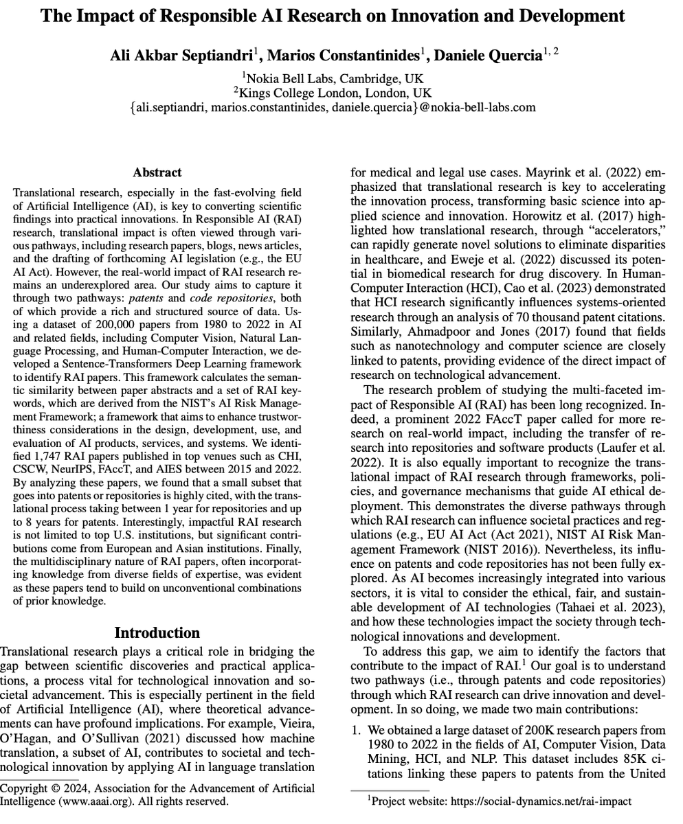 1/ What We Learned from 1,747 Responsible AI Papers: The Real-World Impact.  

Spoiler: it's impactful, but the translation to real-world use is limited. Paper presented today #aies2024 at 6 pm researchswinger.org/publications/i…

Work with <a href="/comarios/">Marios Constantinides</a> <a href="/aliakbars/">Ali A. Septiandri 🍉</a> 

Here's what we found: