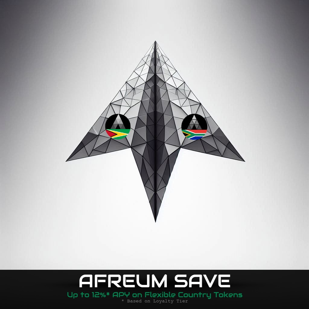 Earn up to 12% APY, calculated daily in real time, on 156 flexible country tokens with Afreum Save. Earn interest in deposit token, and bonus interest in AFRX, our incentives and governance token. Withdraw any time after initial 24 hours. #Afreum # Save