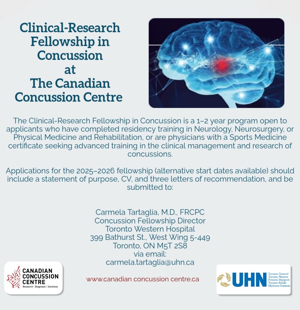 Canadian Concussion Centre (@uhnconcussions) on Twitter photo Exciting Opportunity!
We're offering a Clinical Research fellowship in Concussion at <a href="/UHNconcussions/">Canadian Concussion Centre</a> !
To advance training in the clinical management and research of concussion. Apply by Nov.30, 2024, via email: carmela.tartaglia@uhn.ca Exciting Opportunity!
We're offering a Clinical Research fellowship in Concussion at <a href="/UHNconcussions/">Canadian Concussion Centre</a> !
To advance training in the clinical management and research of concussion. Apply by Nov.30, 2024, via email: carmela.tartaglia@uhn.ca
