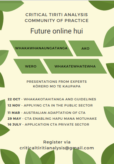 Join the nationwide #CriticalTiritiAnalysis community of practice to explore how others are engaging with Te Tiriti in a supportive learning environment. 

Upcoming free webinars are scheduled - remember to mark your diary. Stay tuned for more details closer to each webinar.