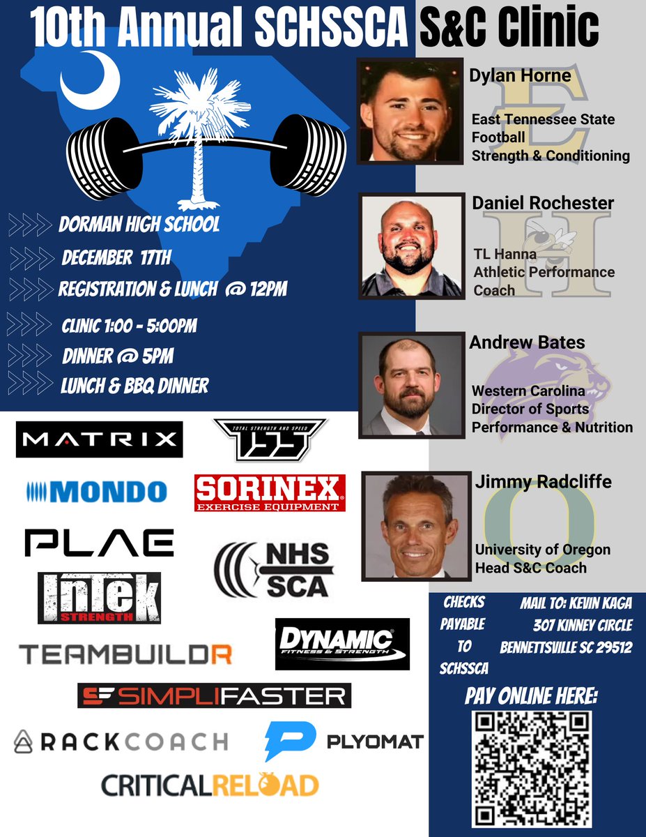 Dr. Eric Cash (@dormanstrength) on Twitter photo Two months out from the <a href="/SCHSSCA_sc/">SCHSSCA</a> 10th Annual S&C Clinic
Thanks to all our sponsors!
<a href="/MatrixFitnessUS/">MatrixFitnessUSA</a> <a href="/TSS_WS_TB/">Total Strength and Speed</a> <a href="/mondostrength/">Ethan Reeve</a> <a href="/Sorinex/">Sorinex</a> <a href="/plaeglobal/">PLAE</a> @nhssca <a href="/IntekStrength/">Intek Strength</a> <a href="/teambuildr/">TeamBuildr 🚐</a> <a href="/DynamicFandS/">Dynamic Fitness and Strength</a> <a href="/SimpliFaster/">SimpliFaster</a> <a href="/rackcoach/">RackCoach</a> <a href="/Plyomat/">Plyomat</a> <a href="/critical_reload/">criticalreload</a> Two months out from the <a href="/SCHSSCA_sc/">SCHSSCA</a> 10th Annual S&C Clinic
Thanks to all our sponsors!
<a href="/MatrixFitnessUS/">MatrixFitnessUSA</a> <a href="/TSS_WS_TB/">Total Strength and Speed</a> <a href="/mondostrength/">Ethan Reeve</a> <a href="/Sorinex/">Sorinex</a> <a href="/plaeglobal/">PLAE</a> @nhssca <a href="/IntekStrength/">Intek Strength</a> <a href="/teambuildr/">TeamBuildr 🚐</a> <a href="/DynamicFandS/">Dynamic Fitness and Strength</a> <a href="/SimpliFaster/">SimpliFaster</a> <a href="/rackcoach/">RackCoach</a> <a href="/Plyomat/">Plyomat</a> <a href="/critical_reload/">criticalreload</a>